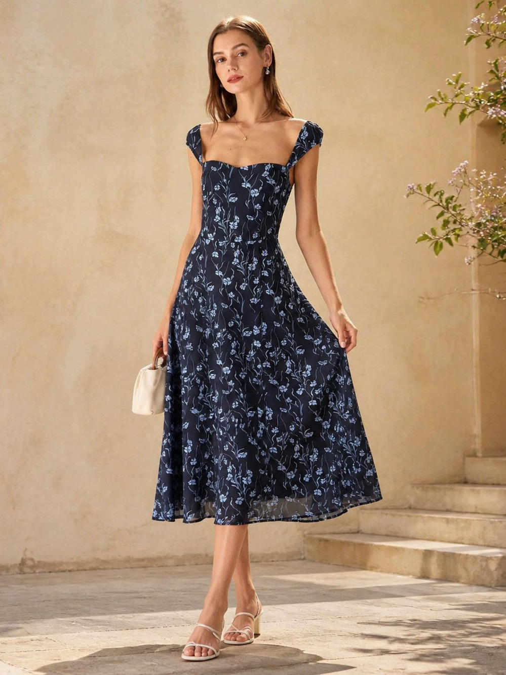 Zara Light Blue Floral Midi Dress With Waist